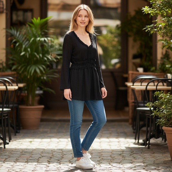 Nick & Mo Tops - NWT Nick & Mo Black Wool Blend Ruffle Smocked Waist Tunic Womens M